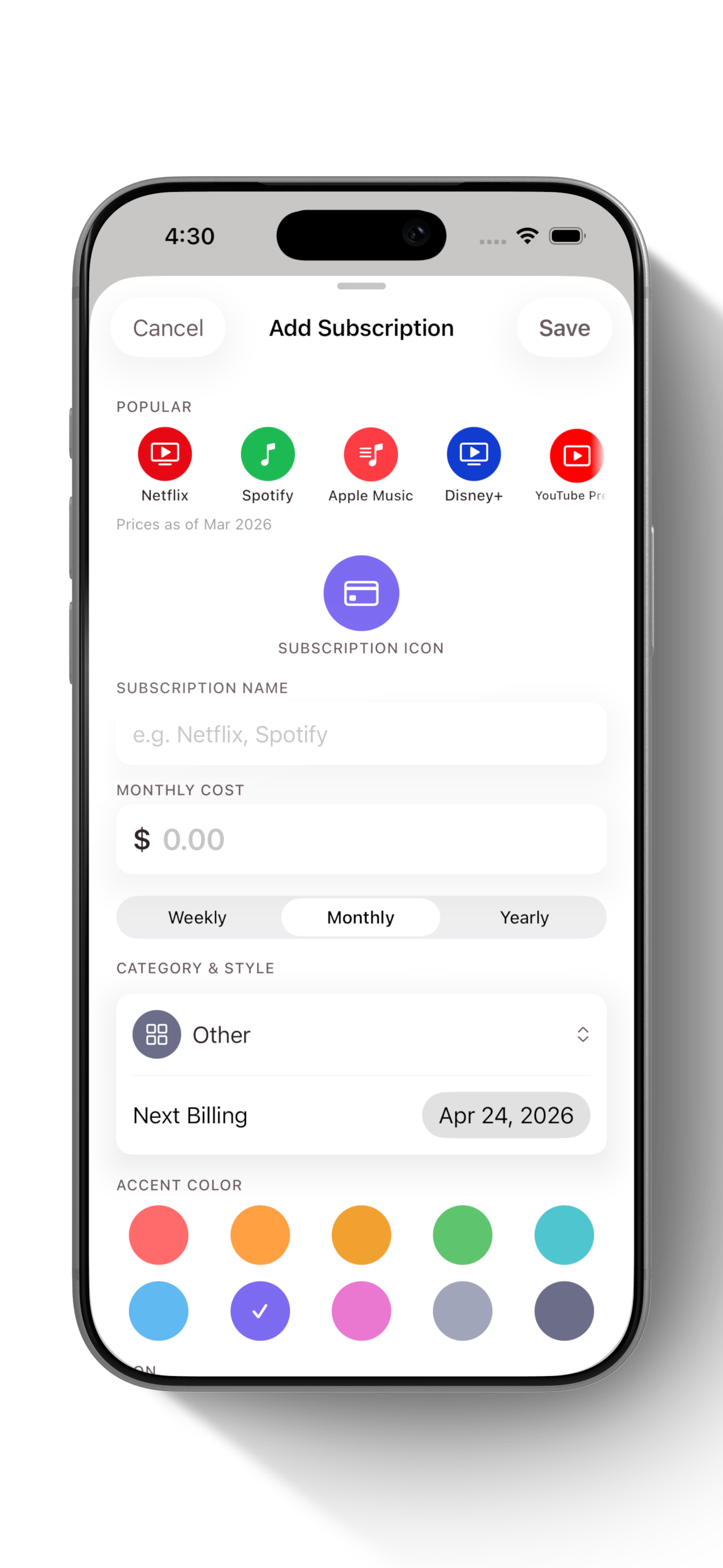 Add subscription sheet with popular presets and tier pricing