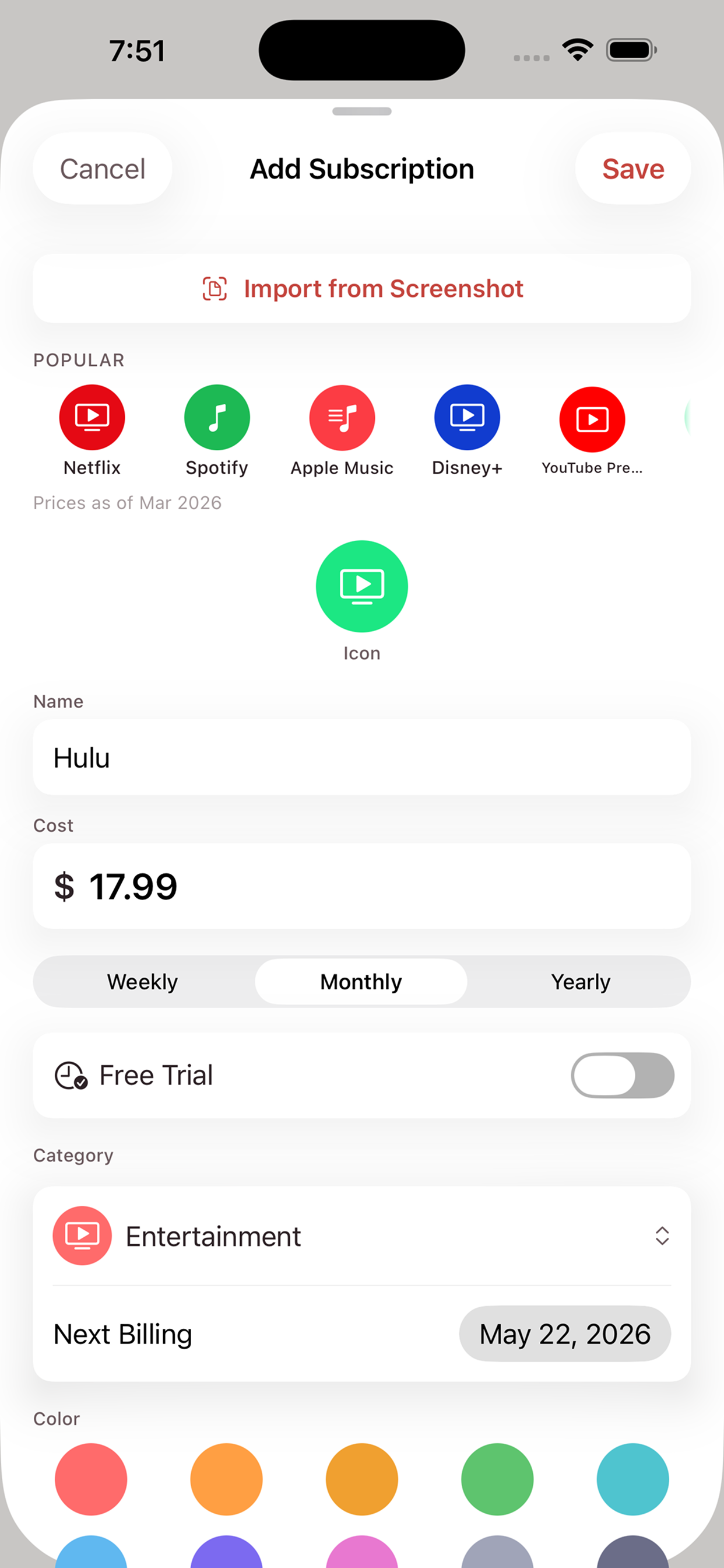 Add subscription sheet with screenshot import, 50+ presets and billing cycle toggle