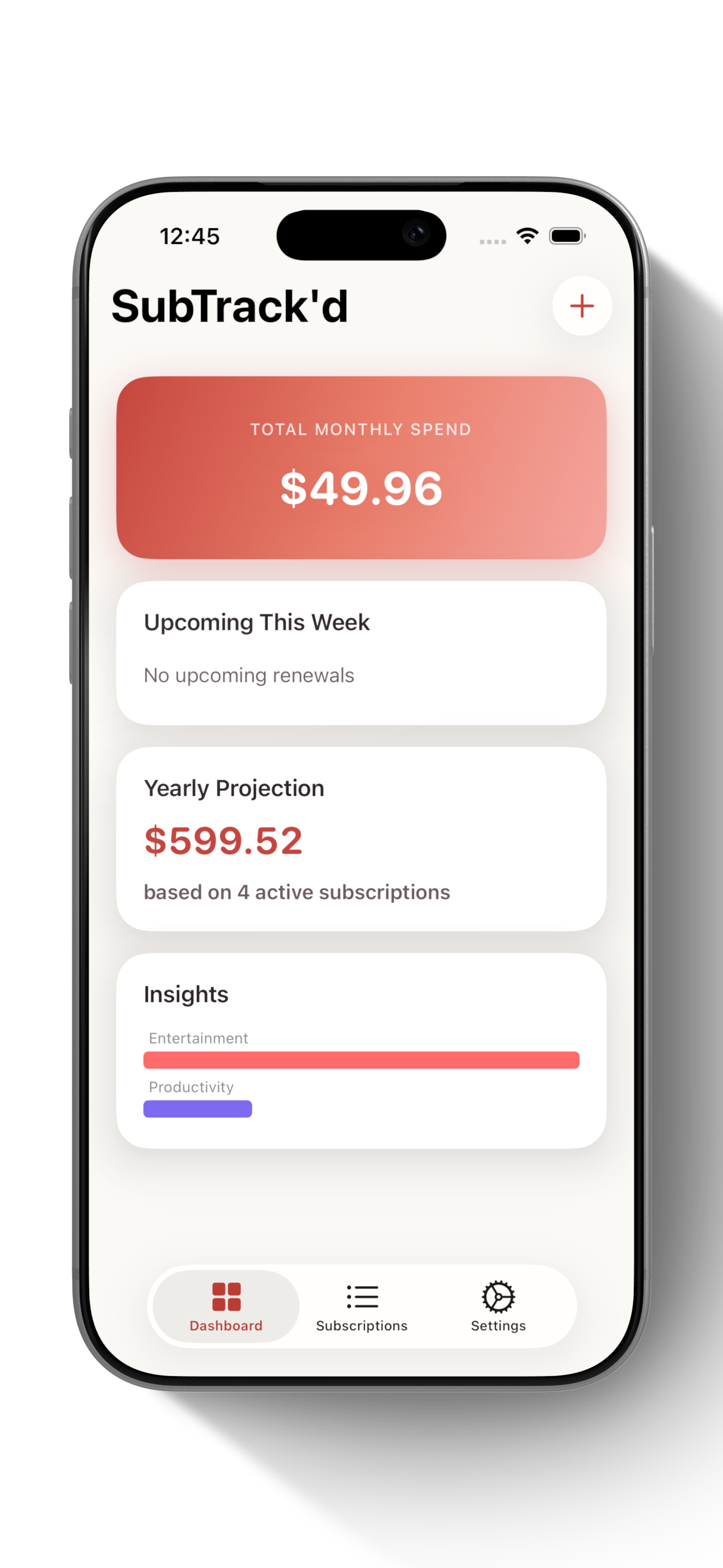 Dashboard showing monthly spend, yearly projection, and insights