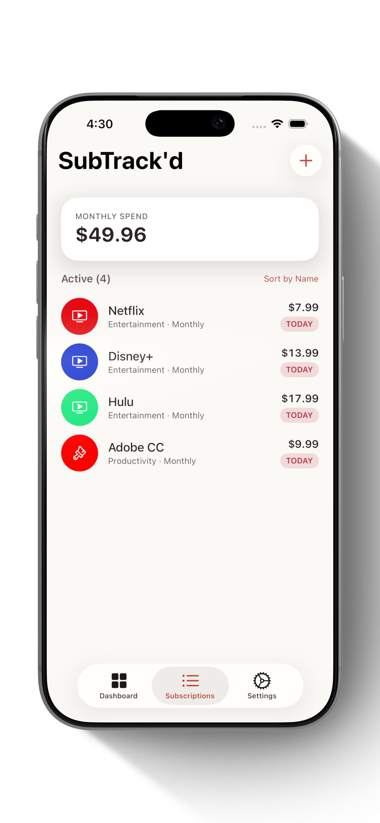Subscription list showing Netflix, Disney+, Hulu, and Adobe CC
