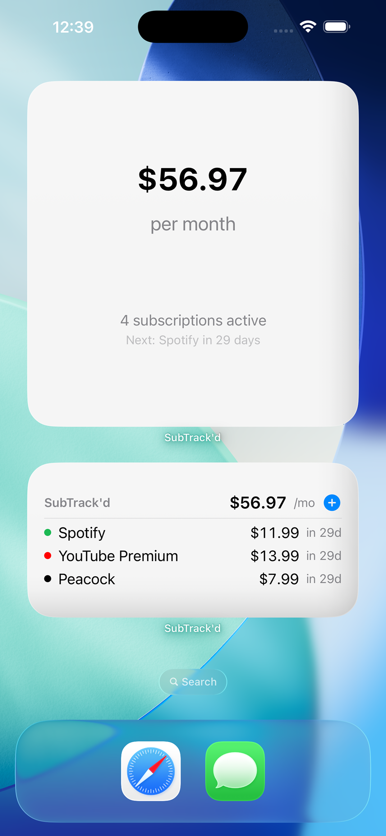 SubTrack'd widgets on iPhone home screen: large monthly spend card and small list of upcoming renewals