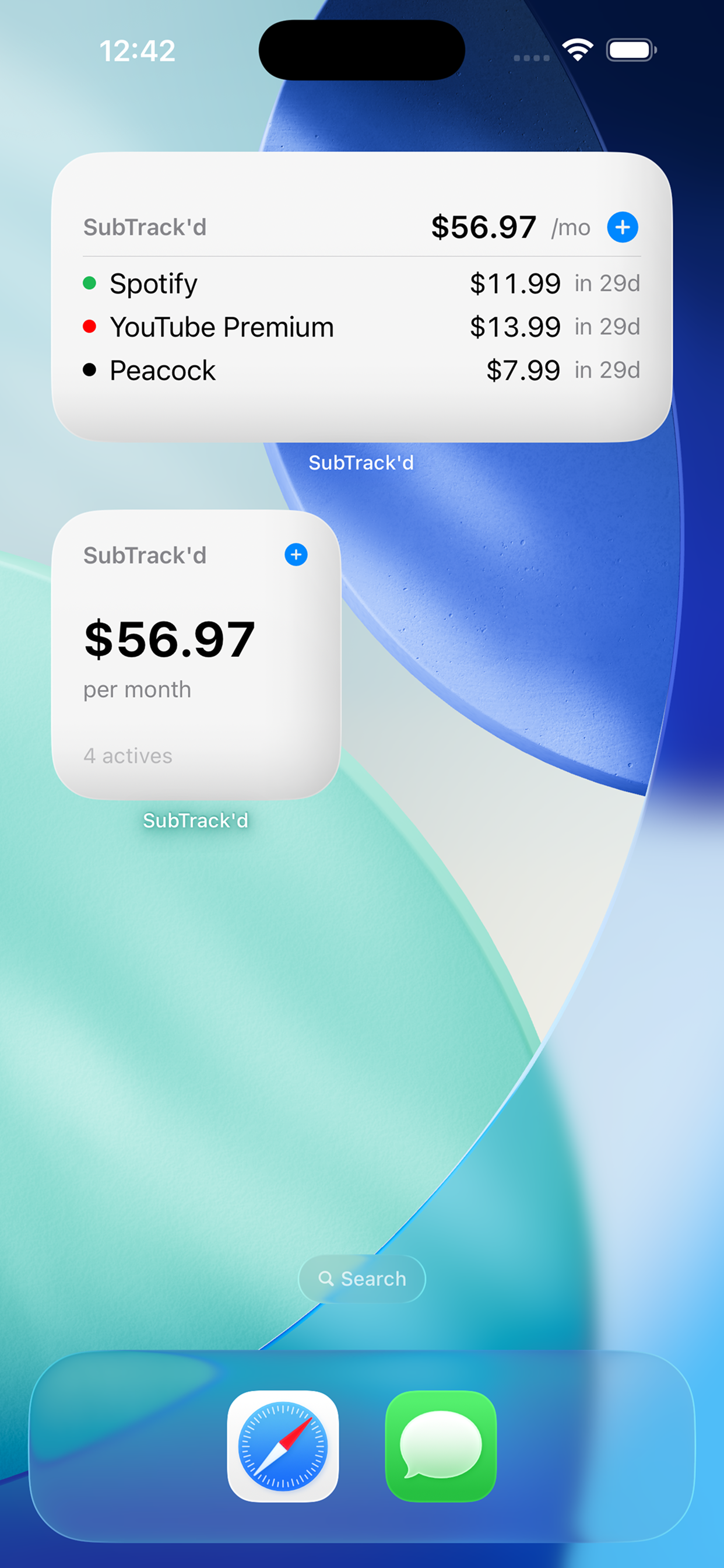 SubTrack'd widgets on iPhone home screen: detailed subscription list and compact monthly total